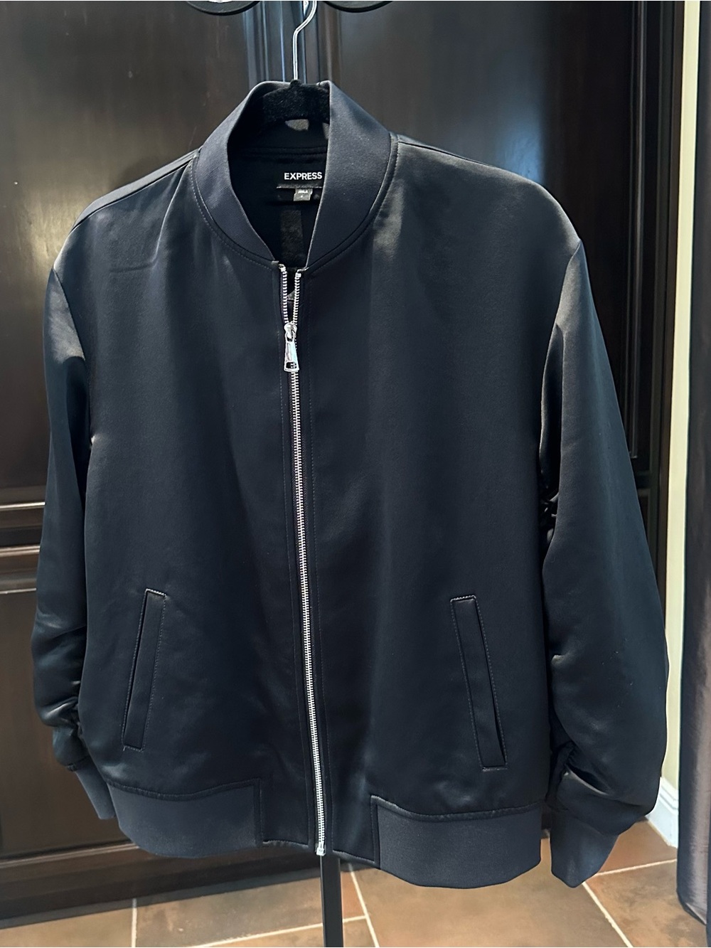 Express Women's Black Bomber Jacket with Silver Zipper